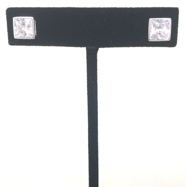 SQUARE BEZEL SET CLEAR CZ STUD STERLING SILVER EARRINGS