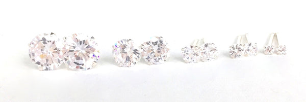 FOUR-CLAW ROUND CLEAR CZ STUD STERLING SILVER EARRINGS