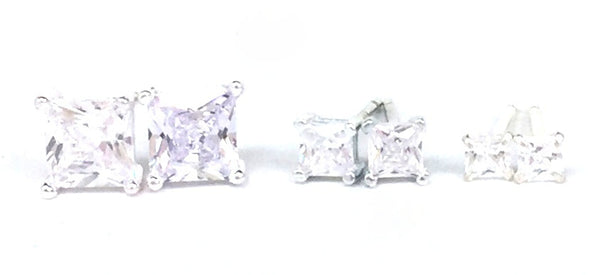 FOUR-CLAW SQUARE CLEAR CZ STUD STERLING SILVER EARRINGS