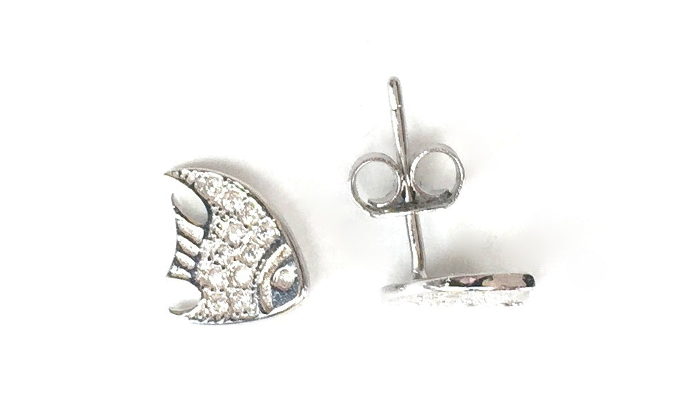 SMALL FISH STUD PAVE CZ STERLING SILVER EARRINGS