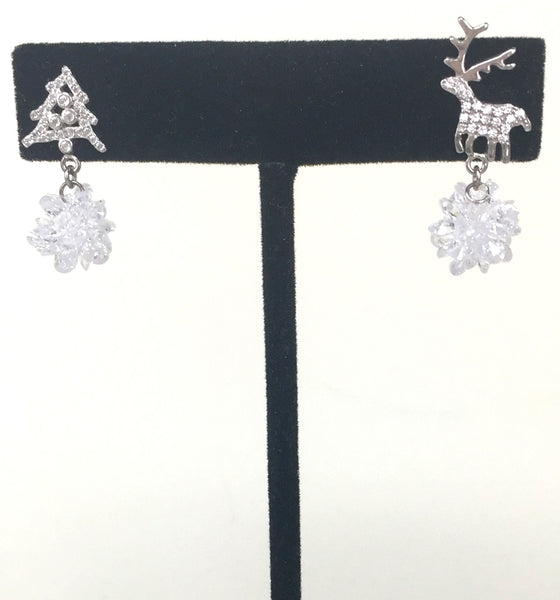 CHRISTMAS TREE AND REINDEER DROPPING PAVE CZ STERLING SILVER EARRINGS
