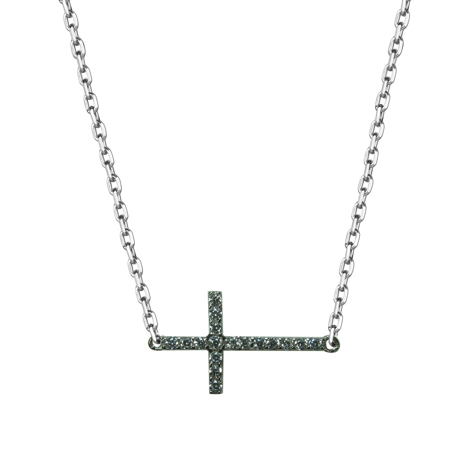 SIDE-WAY CROSS PAVE CZ STERLING SILVER NECKLACE