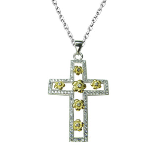 TWO TONE CROSS PAVE CZ STERLING SILVER NECKLACE