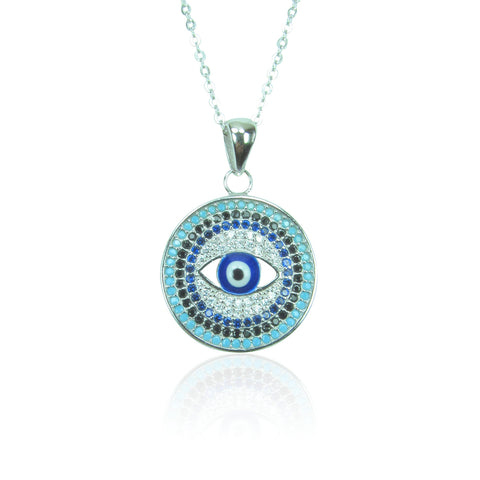 EVIL EYE DISK PAVE CZ STERLING SILVER NECKLACE